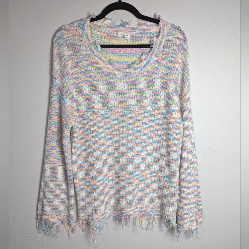 S POL Multicolored Raw Frayed‎ Hem Distressed Sweater